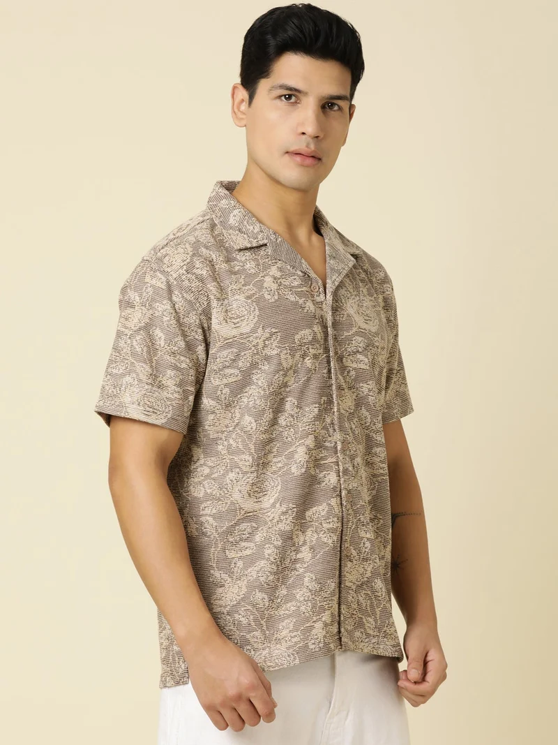 Joven Men Printed Casual Brown Oversized Half Sleeve Shirt